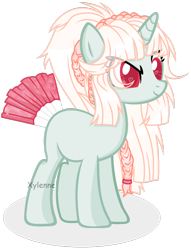 Size: 1024x1339 | Tagged: safe, artist:xylenneisnotamazing, derpibooru import, oc, oc:misaki mio, pony, unicorn, augmented tail, braid, female, hand fan, mare, simple background, solo, transparent background