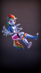 Size: 5400x9600 | Tagged: safe, artist:imafutureguitarhero, derpibooru import, part of a set, rainbow dash, anthro, pegasus, plantigrade anthro, 3d, abstract background, absurd file size, absurd resolution, boots, bracelet, chromatic aberration, clothes, compression shorts, dress, equestria girls outfit, faic, female, film grain, floating, flying, jacket, jewelry, leaning back, mare, pants, pointing, shirt, shoes, shorts, signature, skirt, smiling, smug, smugdash, socks, solo, source filmmaker, thumbs up