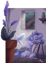 Size: 469x631 | Tagged: safe, artist:laps-sp, derpibooru import, oc, oc:casia mist, moth, pony, unicorn, female, magic, mare, plant, sleeping, solo, stool