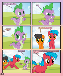 Size: 900x1080 | Tagged: safe, artist:lister-of-smeg, derpibooru import, spike, oc, oc:crosspatch, oc:lazybug, dragon, earth pony, pony, comic:crystal heart attack, colt, comic, female, male, mare