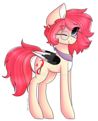 Size: 1024x1270 | Tagged: safe, artist:imbirgiana, derpibooru import, oc, oc only, oc:mirabelle, pegasus, pony, clothes, digital art, eye clipping through hair, female, glasses, mare, one eye closed, pink hair, pink mane, pink tail, scarf, signature, simple background, solo, transparent background, watermark, wink