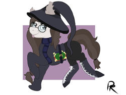 Size: 800x600 | Tagged: safe, artist:pitifulrocks, derpibooru import, oc, oc only, pony, abstract background, boots, clothes, commission, cute, glasses, halloween, hat, holiday, muggle, pants, scarf, shoes, solo, sweater, tongue out, witch, witch hat