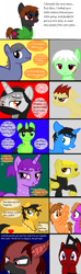 Size: 1104x3716 | Tagged: safe, artist:volcanicdash, derpibooru import, oc, oc:789, oc:angel, oc:black, oc:cocoa, oc:dreval, oc:dusty, oc:dyno, oc:frosti, oc:golden, oc:quake, oc:saur, oc:seacoil, oc:shade, oc:silence, bat pony, earth pony, pegasus, pony, unicorn, series:memebusters, angry, antagonist, comic, dialogue, heroes, ninja, scar, scared, villainess