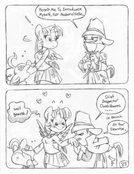 Size: 849x1100 | Tagged: safe, artist:circe, derpibooru import, pinkie pie, twilight sparkle, twilight sparkle (alicorn), alicorn, anthro, unguligrade anthro, comic:soreloser, black and white, blushing, clothes, detective, grayscale, inspector jacques clouseau, monochrome, pleated skirt, ponified, skirt, spread wings, the pink panther, traditional art, wingboner, wings