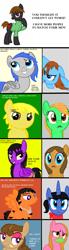 Size: 1248x4528 | Tagged: safe, artist:volcanicdash, derpibooru import, oc, oc:aalia, oc:chaman, oc:cyber, oc:dreval, oc:hatea, oc:helena, oc:john, oc:kooky wolf, oc:lova, oc:petal, oc:tiger, oc:toon, earth pony, pegasus, pony, unicorn, series:memebusters, antagonist, base used, comic, dialogue, scared, smoking, smug, stripes, surprised, villainess