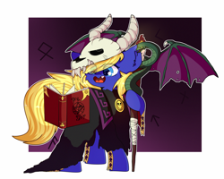 Size: 2500x2000 | Tagged: safe, artist:etoz, derpibooru import, oc, oc only, oc:spore, earth pony, pony, snake, bandage, book, candle, claws, clothes, commission, cute, female, fire, gradient background, happy, horn, mare, necromancer, necromancy, skull, smiling, staff, teeth, wings