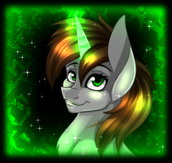 Size: 700x666 | Tagged: safe, artist:derpsonhooves, derpibooru import, part of a set, oc, oc only, oc:littlepip, pony, unicorn, fallout equestria, abstract background, bust, chest fluff, fanfic, fanfic art, female, glowing horn, horn, mare, portrait, scar, solo, teeth
