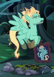 Size: 451x645 | Tagged: safe, derpibooru import, screencap, zephyr breeze, pegasus, pony, flutter brutter, cropped, dirty, epic fail, eyes closed, fail, hair bun, male, messy mane, muddy hooves, stallion, wings