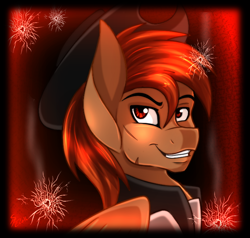 Size: 700x666 | Tagged: safe, artist:derpsonhooves, derpibooru import, part of a set, oc, oc only, oc:calamity, pegasus, pony, fallout equestria, abstract background, bust, clothes, dashite, fanfic, fanfic art, hat, male, portrait, scar, smiling, solo, stallion, teeth, wings