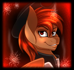 Size: 700x666 | Tagged: safe, alternate version, artist:derpsonhooves, derpibooru import, part of a set, oc, oc only, oc:calamity, pegasus, pony, fallout equestria, abstract background, bust, clothes, dashite, fanfic, fanfic art, hat, male, portrait, smiling, solo, stallion, teeth, wings