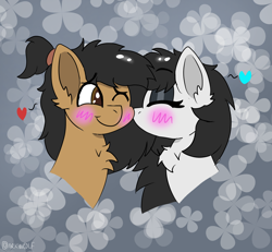 Size: 1250x1154 | Tagged: safe, artist:darkwolfhybrid, derpibooru import, oc, oc only, oc:frostie, oc:sketcher, pony, blushing, bust, chest fluff, commission, disembodied head, eyes closed, head, heart, kiss on the cheek, kissing, one eye closed, ponytail, smiling