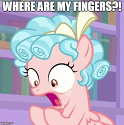 Size: 500x504 | Tagged: safe, derpibooru import, edit, edited screencap, screencap, cozy glow, pegasus, pony, what lies beneath, cropped, female, filly, hooves, meme, shocked, solo, sudden realization