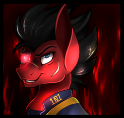 Size: 700x666 | Tagged: safe, artist:derpsonhooves, derpibooru import, part of a set, oc, oc only, oc:red eye, cyborg, earth pony, pony, fallout equestria, abstract background, bust, clothes, cyber eyes, fanfic, fanfic art, male, portrait, red and black oc, scar, smiling, solo, stallion, teeth, vault suit