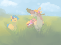 Size: 1040x780 | Tagged: safe, artist:bananasmores, derpibooru import, bubbles (g1), posey, g1, basket, duo, flower, flower in hair, hat, outdoors, saddle bag