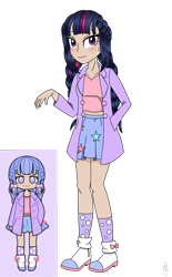 Size: 1290x2080 | Tagged: safe, artist:ilaria122, derpibooru import, twilight sparkle, human, boots, braid, braided pigtails, clothes, coat, ear piercing, earring, female, humanized, jewelry, miniskirt, pastel, pastel girl, pastel girl challenge, piercing, pigtails, polka dot stockings, shirt, shoes, simple background, skirt, socks, solo, transparent background