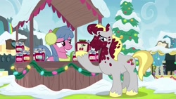 Size: 1920x1080 | Tagged: safe, derpibooru import, screencap, hugh jelly, earth pony, pony, best gift ever, book, cherry jumble, christmas, christmas lights, christmas ornament, clothes, decoration, discovery family logo, earmuffs, female, food, hearth's warming tree, holiday, jar, jelly, male, mare, rainbow falls (location), scarf, snow, stallion, tree, vendor stall