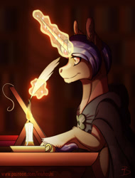 Size: 900x1184 | Tagged: safe, artist:inuhoshi-to-darkpen, derpibooru import, clover the clever, pony, unicorn, apprentice, candle, fire, headcanon, levitation, long horn, mage, magic, magic aura, quill, solo, telekinesis