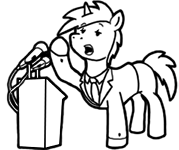 Size: 179x150 | Tagged: safe, artist:crazyperson, derpibooru import, pony, unicorn, fallout equestria, fallout equestria: commonwealth, black and white, clothes, fanfic art, formal wear, generic pony, gesture, grayscale, microphone, monochrome, necktie, open mouth, picture for breezies, podium, raised hoof, simple background, suit, talking, transparent background