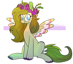 Size: 1600x1402 | Tagged: safe, artist:1racat, derpibooru import, oc, oc only, pegasus, pony, commission, female, floral head wreath, flower, mare, signature, sitting, smiling, solo, ych result