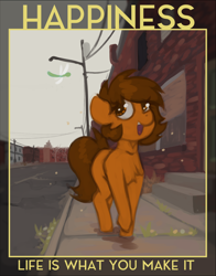 Size: 1182x1511 | Tagged: safe, artist:marsminer, derpibooru import, oc, oc only, oc:venus spring, dragonfly, pony, building, female, happy, mare, smiling, solo, street, street lights, tree, venus spring actually having a pretty good time, walking