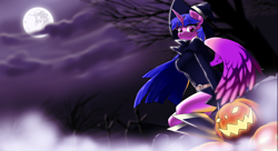 Size: 1200x655 | Tagged: safe, artist:iloota, derpibooru import, twilight sparkle, twilight sparkle (alicorn), alicorn, anthro, female, fog, full moon, halloween, holiday, jack-o-lantern, looking at you, mare in the moon, moon, night, pumpkin, solo