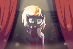 Size: 2777x1892 | Tagged: safe, artist:zacatron94, derpibooru import, oc, oc:velvet remedy, pony, unicorn, fallout equestria, clothes, crying, curtains, dress, fallout, fallout 4, female, mare, microphone, microphone stand, multicolored hair, open mouth, red dress, singing, solo, vault boy