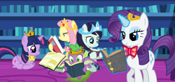 Size: 8960x4215 | Tagged: safe, artist:disneymarvel96, derpibooru import, coloratura, fluttershy, rarity, spike, twilight sparkle, twilight sparkle (alicorn), alicorn, dragon, pegasus, pony, unicorn, book, bowtie, crown, disney, disney princess, jewelry, library, rara, reading, regalia, tiara, winged spike