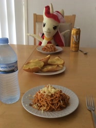 Size: 1936x2592 | Tagged: safe, artist:darthrushcustomarts, derpibooru import, oc, oc:princess scarlet, alicorn, alicorn oc, food, irl, pasta, photo, plushie, spaghetti, waifu dinner