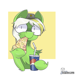 Size: 5120x5120 | Tagged: safe, artist:difis, derpibooru import, oc, oc only, oc:verdant gear, pony, absurd resolution, eating, food, ham, hat, meat, pineapple, pineapple pizza, pizza, solo