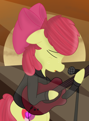 Size: 2424x3300 | Tagged: safe, artist:skyflys, derpibooru import, apple bloom, pony, adorabloom, clothes, cute, female, filly, guitar, jacket, leather jacket, microphone, older, older apple bloom, singing, solo, teenager