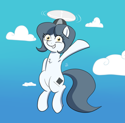 Size: 1857x1837 | Tagged: safe, artist:feralroku, derpibooru import, oc, oc only, oc:hattsy, pony, armpits, chest fluff, cloud, flying, hat, national hat day, propeller hat, smiling, solo, waving