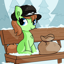 Size: 3000x3000 | Tagged: safe, artist:tjpones, derpibooru import, oc, oc:lima bean, pony, bag, bench, fanfic, fanfic art, fanfic cover, hat, snow, solo, tree