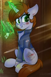 Size: 1181x1772 | Tagged: safe, artist:php97, oc, oc:littlepip, pony, unicorn, fallout equestria, blood, bullet, clothes, fallout, fanfic, fanfic art, female, glowing horn, gun, handgun, hooves, horn, levitation, little macintosh, magic, mare, optical sight, pipbuck, poster, revolver, sitting, solo, telekinesis, vault suit, weapon