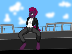 Size: 800x600 | Tagged: artist needed, safe, tempest shadow, anthro, clothes, day, female, ship, sitting, sky, solo