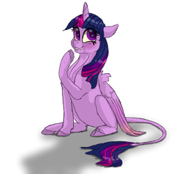 Size: 5000x5000 | Tagged: safe, artist:shaslan, derpibooru import, twilight sparkle, twilight sparkle (alicorn), alicorn, classical unicorn, pony, absurd resolution, blushing, cloven hooves, folded wings, horn, leonine tail, lip bite, looking sideways, one hoof raised, shadow, simple background, sitting, solo, stifling laughter, transparent background, unshorn fetlocks, wings