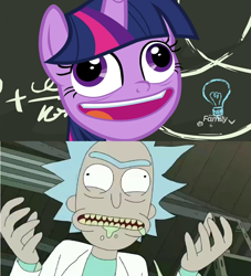 Size: 932x1026 | Tagged: safe, derpibooru import, screencap, twilight sparkle, twilight sparkle (alicorn), alicorn, best gift ever, chalkboard, comparison, cross-eyed, discovery family logo, faic, female, male, pudding face, rick and morty, rick sanchez, twirick