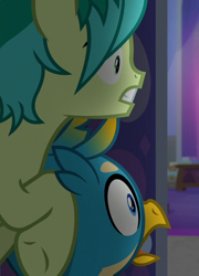 Size: 518x720 | Tagged: safe, derpibooru import, screencap, gallus, sandbar, earth pony, griffon, pony, school raze, cropped, male, out of context, ponies riding griffons, shocked