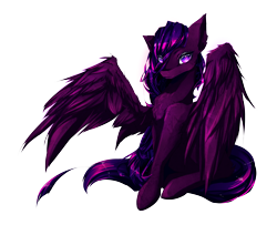 Size: 4050x3285 | Tagged: safe, artist:esth-official, derpibooru import, oc, oc:aurora (dimensional shift), pegasus, pony, blue mane, detailed eyes, purple eyes, purple mane, sassy, sitting, spread wings, wings