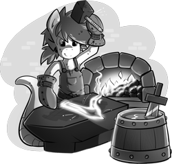 Size: 1378x1319 | Tagged: safe, artist:secret-pony, derpibooru import, oc, oc only, lamia, original species, anvil, black and white, blacksmith, buck legacy, card art, clothes, fire, forge, forging, gloves, grayscale, hammer, male, monochrome, ponytail, simple background, solo, sweat, sword, transparent background, weapon