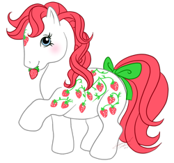 Size: 781x732 | Tagged: safe, artist:conphettey, derpibooru import, sugarberry, earth pony, pony, g1, female, food, mare, raised hoof, simple background, solo, strawberry, transparent background, twice as fancy ponies