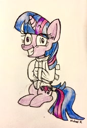 Size: 2211x3231 | Tagged: safe, artist:michaelmaddox222, twilight sparkle, twilight sparkle (alicorn), alicorn, pony, bondage, bookhorse, colored, cross-eyed, faic, female, insanity, pencil drawing, signature, sitting, solo, straitjacket, traditional art