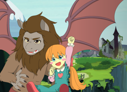 Size: 1396x1009 | Tagged: safe, artist:fantasygerard2000, derpibooru import, megan williams, scorpan, gargoyle, human, better together, equestria girls, g1, blush sticker, blushing, carrying, castle of the royal pony sisters, duo, fist pump, g1 to equestria girls, g1 to g4, generation leap, spread wings, story in the source, wings