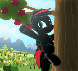 Size: 3600x3300 | Tagged: safe, artist:agkandphotomaker2000, oc, oc only, oc:arnold the pony, pegasus, pony, apple, apple tree, climbing, food, red and black mane, red and black oc, scenery, solo, tree, tree branch