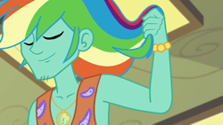 Size: 1280x720 | Tagged: safe, derpibooru import, screencap, zephyr breeze, best trends forever, best trends forever: rainbow dash, better together, equestria girls, eyes closed, jewelry, majestic as fuck, male, necklace, zephyr's necklace