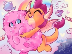 Size: 1024x768 | Tagged: safe, artist:colorfulcolor233, derpibooru import, smolder, oc, oc:fluffle puff, dragon, candy, cloud, cup, cute, duo, eyes closed, female, flufflebetes, food, heart, hug, rainbow, smolderbetes, teacup, tongue out