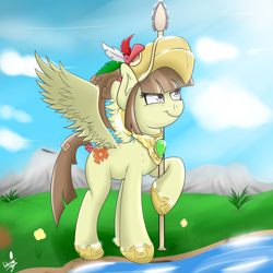 Size: 2500x2500 | Tagged: safe, artist:tonystorm12, derpibooru import, oc, oc only, oc:tailcoatl, pegasus, pony, armor, aztec, mexico, nation ponies, nature, ponified, solo, spear, tepoztopilli, weapon