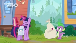 Size: 1920x1080 | Tagged: safe, screencap, spike, twilight sparkle, twilight sparkle (alicorn), alicorn, dragon, pony, the point of no return, bag, magic, map, quill, saddle bag, scroll, winged spike