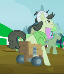 Size: 298x342 | Tagged: safe, derpibooru import, screencap, earth pony, pony, leap of faith, bandage, bandaged head, cropped, male, solo focus, stallion, theodore donald "donny" kerabatsos, wheelchair