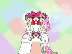 Size: 1024x768 | Tagged: safe, artist:mintymelody, apple bloom, scootaloo, sweetie belle, human, equestria girls, bride, clothes, cutie mark crusaders, dress, humanized, marriage, wedding, wedding dress, wedding veil