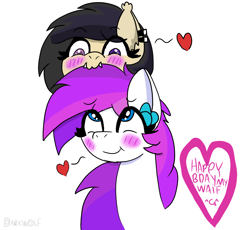 Size: 1114x1024 | Tagged: safe, artist:darkwolfhybrid, derpibooru import, oc, oc only, oc:darkius wolficus, oc:lavanda, bat pony, pegasus, pony, :3, birthday gift, blushing, cute, ear fluff, ear piercing, fangs, flower, heart, heterochromia, looking down, looking up, mane bite, nom, pegasus oc, piercing